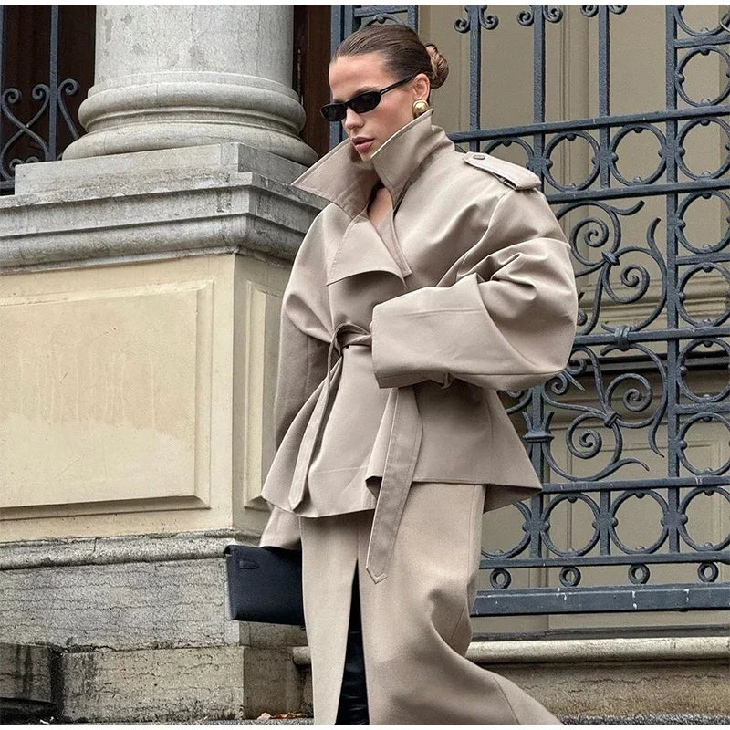 Solid Lapel Belted Windbreaker Chic Full Sleeve Button Loose Long Coat For Women 2025 New Office Lady Daily Commute Overcoats