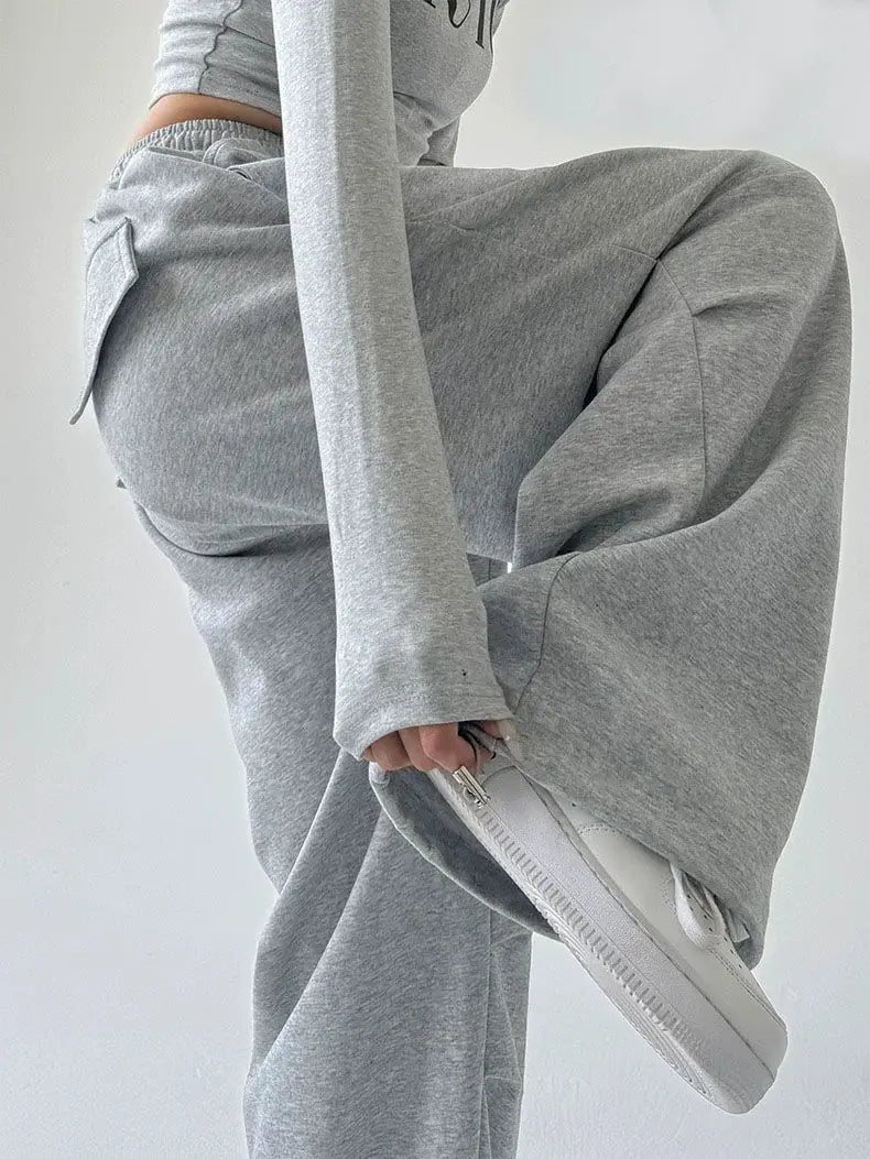 2025 New Harajuku Wide Leg Sweatpants Women Streetwear Baggy Oversize Gray Sports Pants Woman Drawstring Casual Joggers Trousers