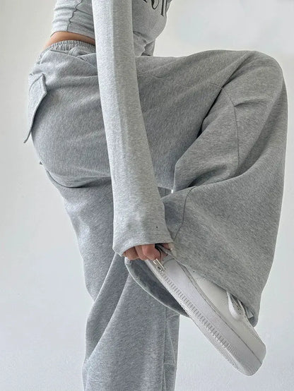 2025 New Harajuku Wide Leg Sweatpants Women Streetwear Baggy Oversize Gray Sports Pants Woman Drawstring Casual Joggers Trousers