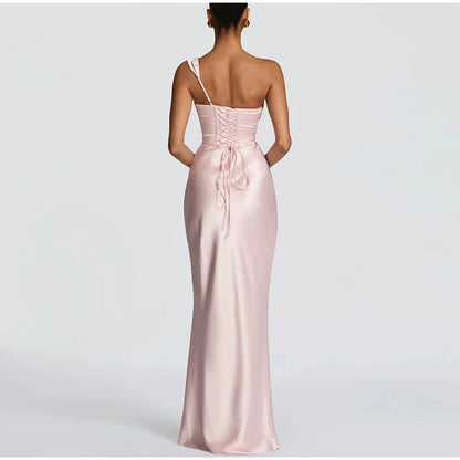 One Shoulder Satin Women 's Maxi Dress Cowl Neck Ruched Waist Bodycon Dresses 2026 Summer Woman Formal Evening Party Vestidos