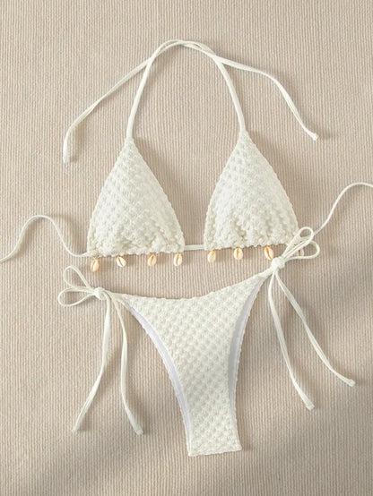 Sexy Bikini Set Shell Designer Swimsuit 2025 White Black Push Up Micro Bikinis Summer Bathing Suit Tie Side Triangle Swimwear