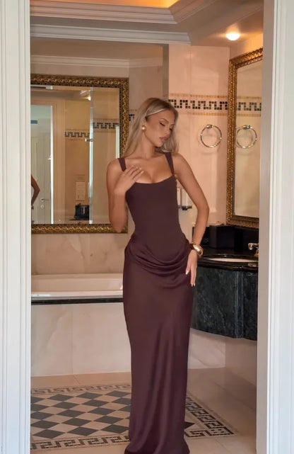 Solid Pleated Sling Dress Women Square Neck Sleeveless Off-shoulder Waist Cinching Slim Dresses Lady Evening Party Gowns 2025