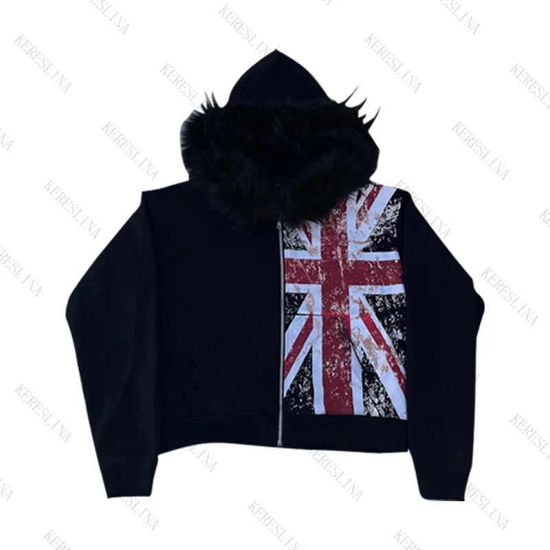 Fur collar cardigan zipper hooded jacket autumn and winter punk hip-hop rock dark style rock fashion all-match Y2K retro jacket