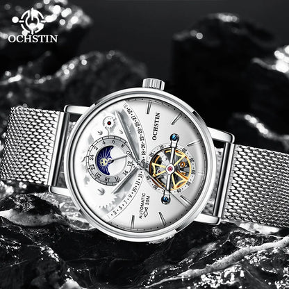 OCHSTIN Men's Stainless Steel Mesh Bracelet Watches Man High-Grade Cooktop Glass Skeleton Mechanical Flying Tourbillon Watch