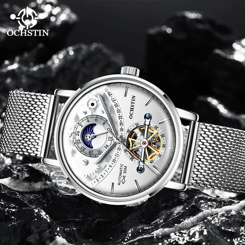 OCHSTIN Men's Stainless Steel Mesh Bracelet Watches Man High-Grade Cooktop Glass Skeleton Mechanical Flying Tourbillon Watch