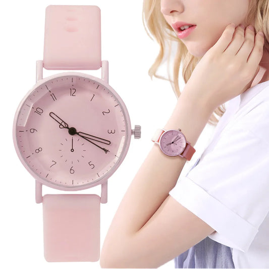 Fashion Women's Pink Minimalist Watch Silicone Strap Quartz Wristwatch Elegant Ladies Watches