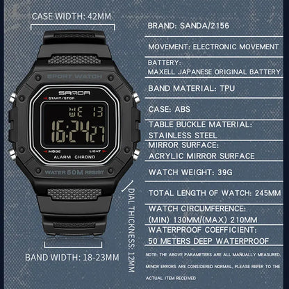 SANDA 2156 Fashion Mens Watch Military Water Resistant Sport Watches Army Big Dial Led Digital Wristwatches Stopwatches For Male