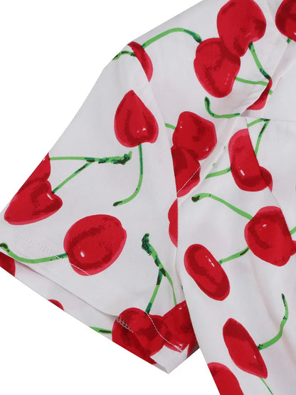 Tonval Sweetheart Neck High Waist Cherry Vintage 50s Midi Dress Short Sleeve Backless Women Tie Back Cotton Rockabilly Dresses