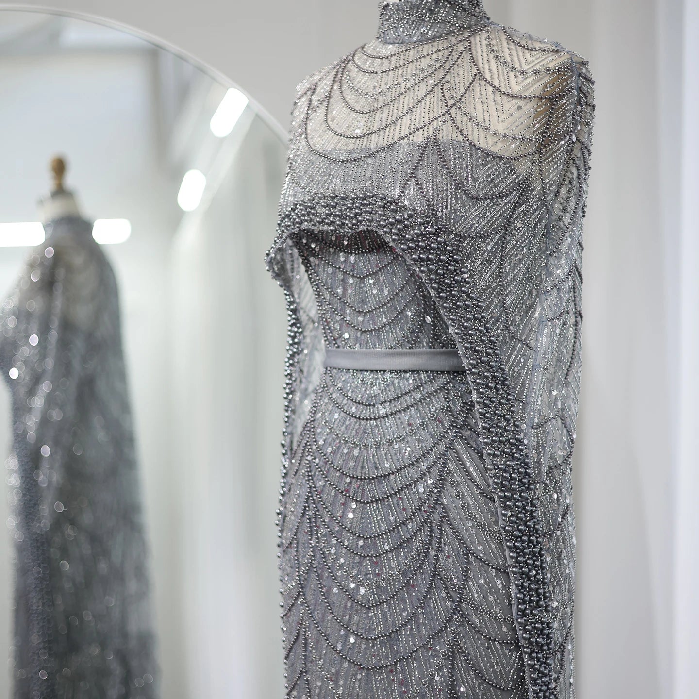 Sharon Said Luxury Pearls Dubai Champagne Evening Dresses with Cape New Arabic Women Mermaid Wedding Party Prom Dress SS369