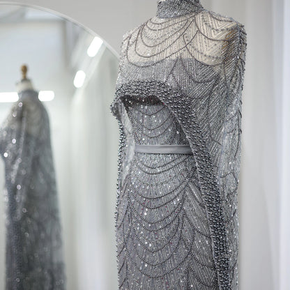 Sharon Said Luxury Pearls Dubai Champagne Evening Dresses with Cape New Arabic Women Mermaid Wedding Party Prom Dress SS369