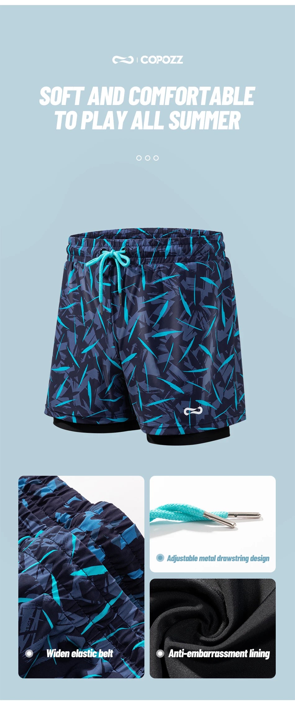 COPOZZ Summer Men's Beach Swimming Trunks Drawstring Elastic Waist Swimsuit Shorts Plus Size Quick Drying Swimwear Shorts Board