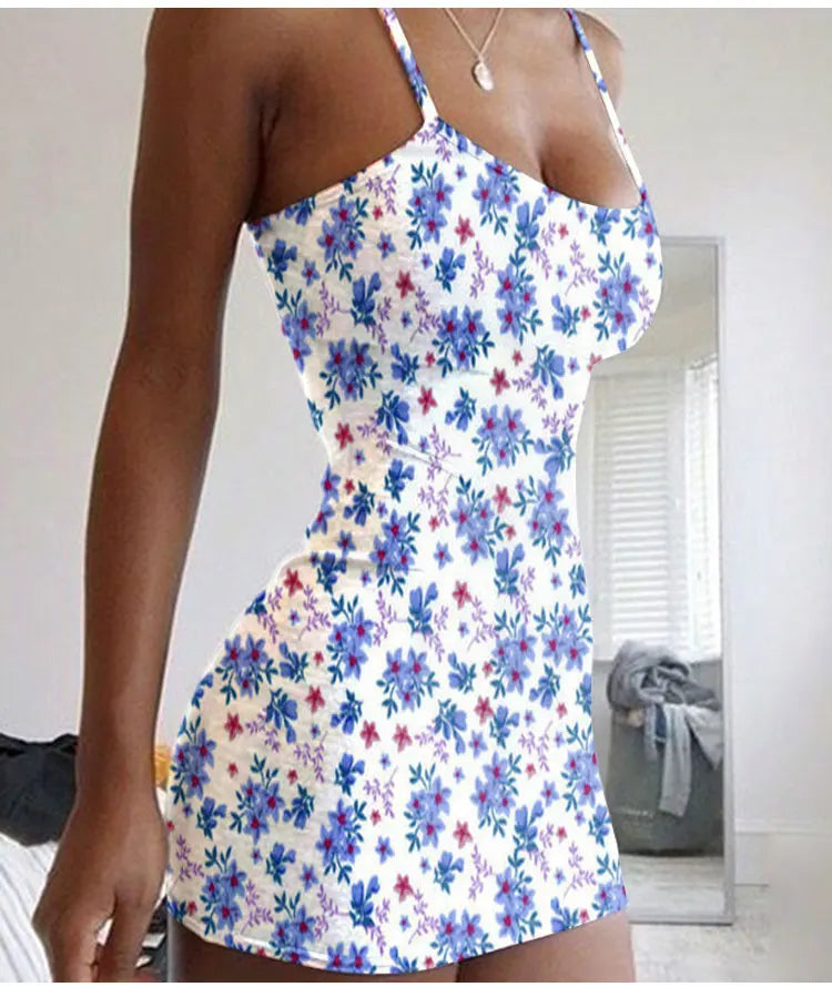 Plus Size Dresses Summer New Print Backless Slip Dress Women's Sexy Slim Floral Dress Mini Dresses Package Buttocks Short Skirt