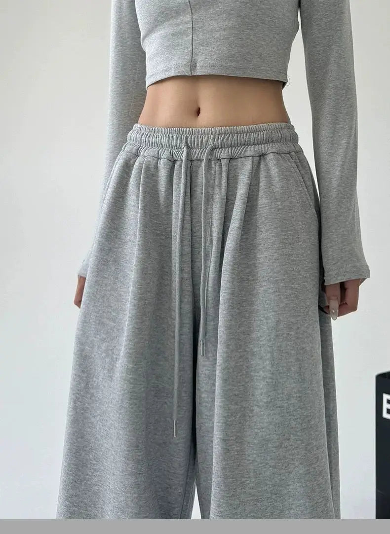2025 New Harajuku Wide Leg Sweatpants Women Streetwear Baggy Oversize Gray Sports Pants Woman Drawstring Casual Joggers Trousers