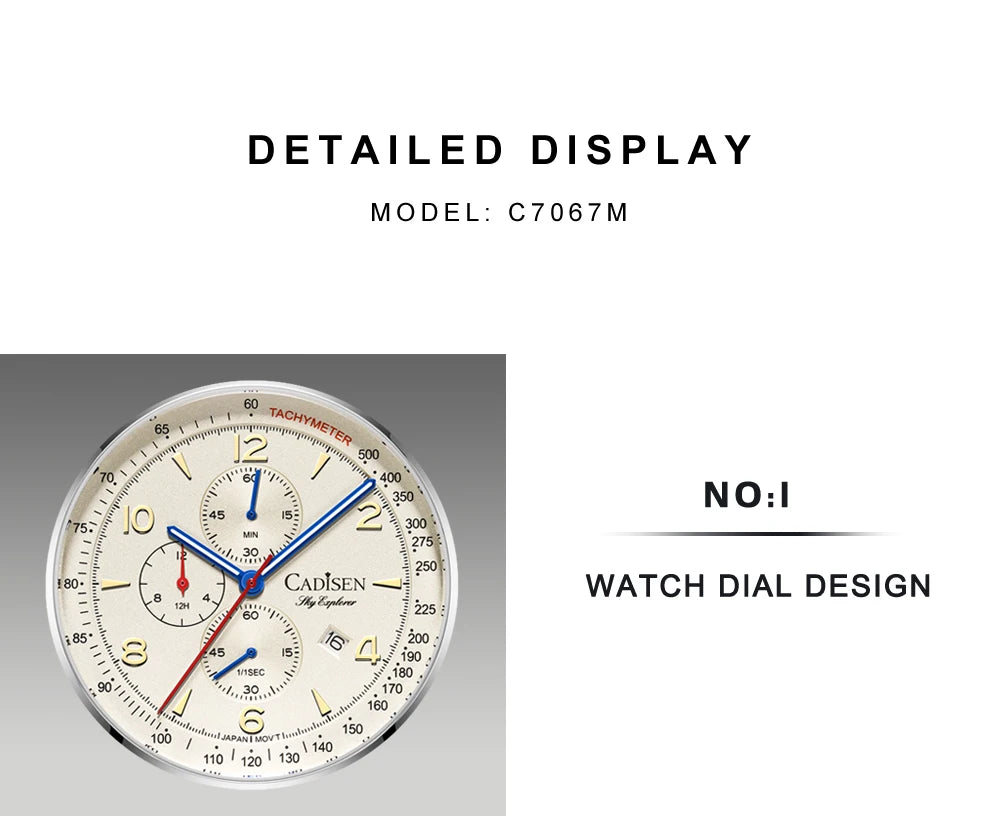 CADISEN Men's Watches Luxury Quartz Watch For Men Japan MIYOTA 0S10 Movt Canvas Strap Chronograph Waterproof Men's Wristwatch