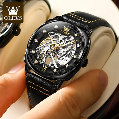OLEVS 6651 Transparent Hollow Automatic Watches for Men Leather Strap Tonneau PUNK Style Mechanical Writwatch Luxury Man Watch