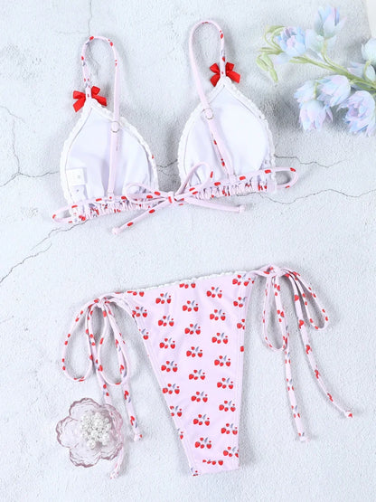 Plaid Print Bikinis Bow Swimwear Women Swimsuit Triangle Bikini Set Bandage Bath Suit Low Waist Thong Beachwear New Biquini