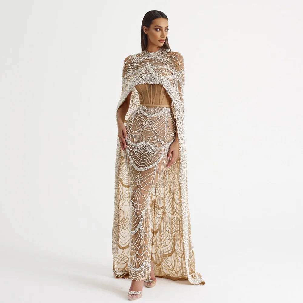 Sharon Said Luxury Pearls Dubai Champagne Evening Dresses with Cape New Arabic Women Mermaid Wedding Party Prom Dress SS369