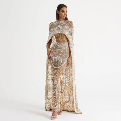 Sharon Said Luxury Pearls Dubai Champagne Evening Dresses with Cape New Arabic Women Mermaid Wedding Party Prom Dress SS369