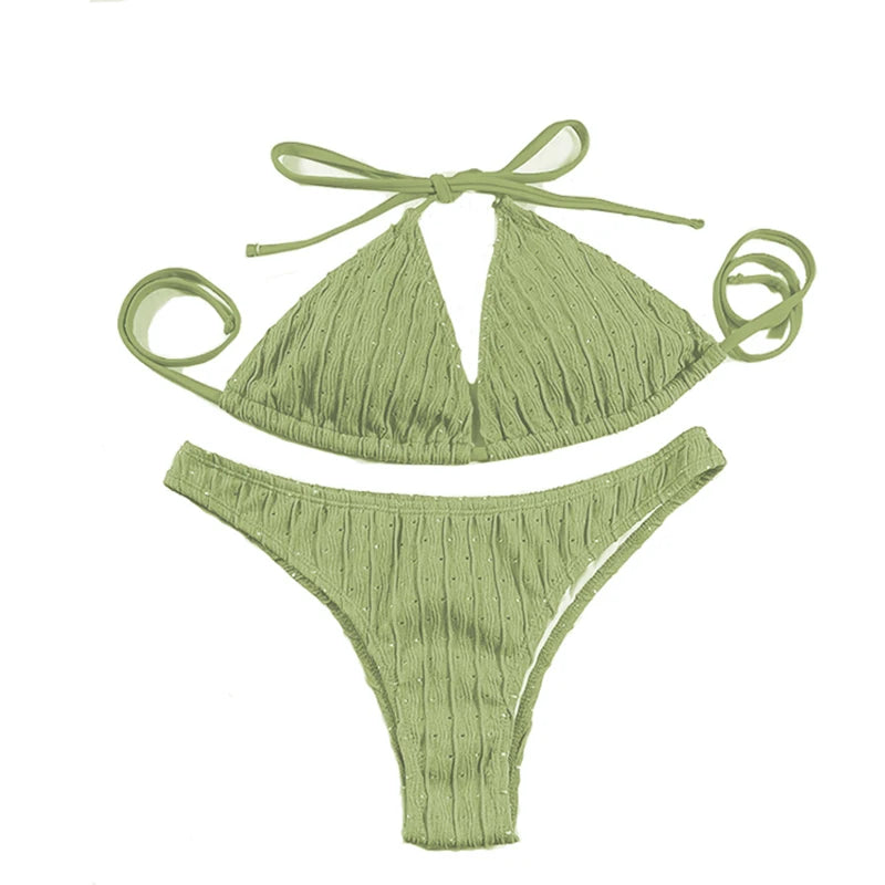 Sexy 2025 Jacquard Drawstring Two Piece Swimsuit Female Swimwear Women Bikini Set Bather Swimming Beachwear for Bathing Suit