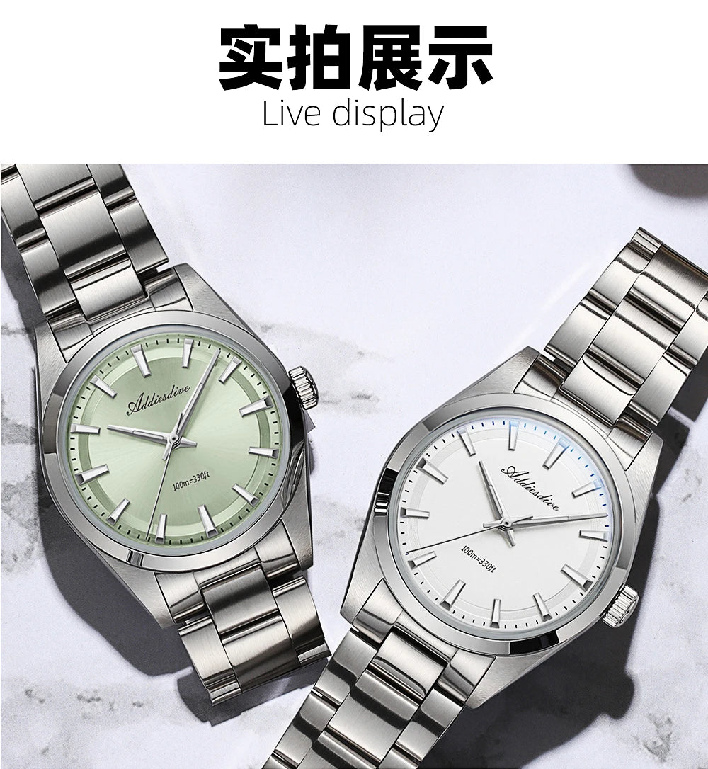 ADDIESDIVE Hot Sale AD2066 Mens Watch 36mm Bubble Mirror Glass Mint Green Quartz Watches Waterproof Luxury Stainless Steel Clock