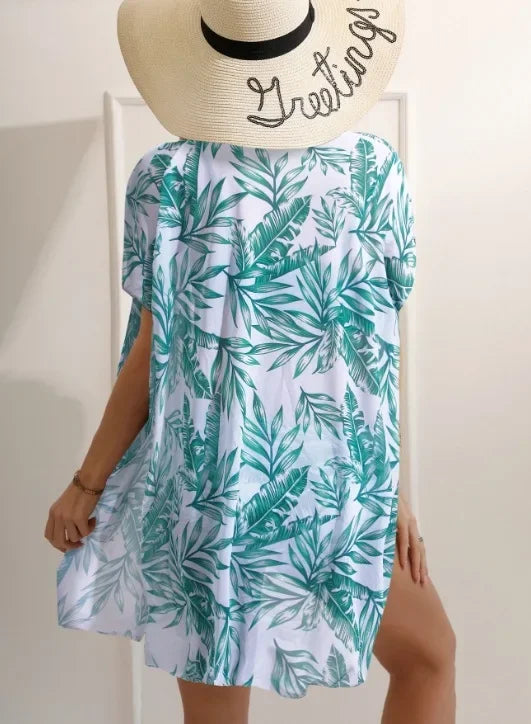 High Waist Leaf Print Bikini Swimsuit with Net Cover up Slimming Design Cross-Border New Style Women's Fashion Swimwear