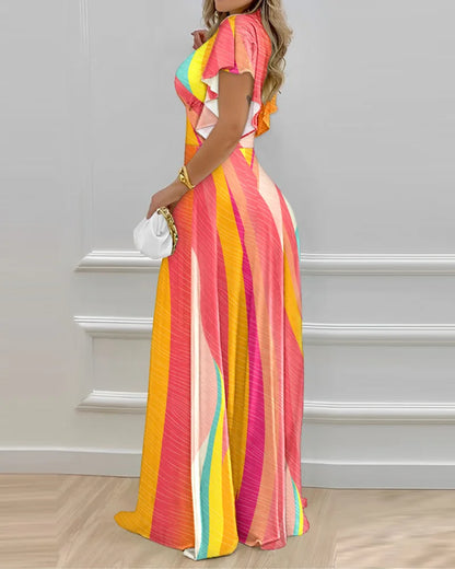 Elegant Women's Dresses Summer Fashion Split Sleeve Pearls Decor Plants Print Split Sleeve Casual V-Neck Half Sleeve Maxi Dress