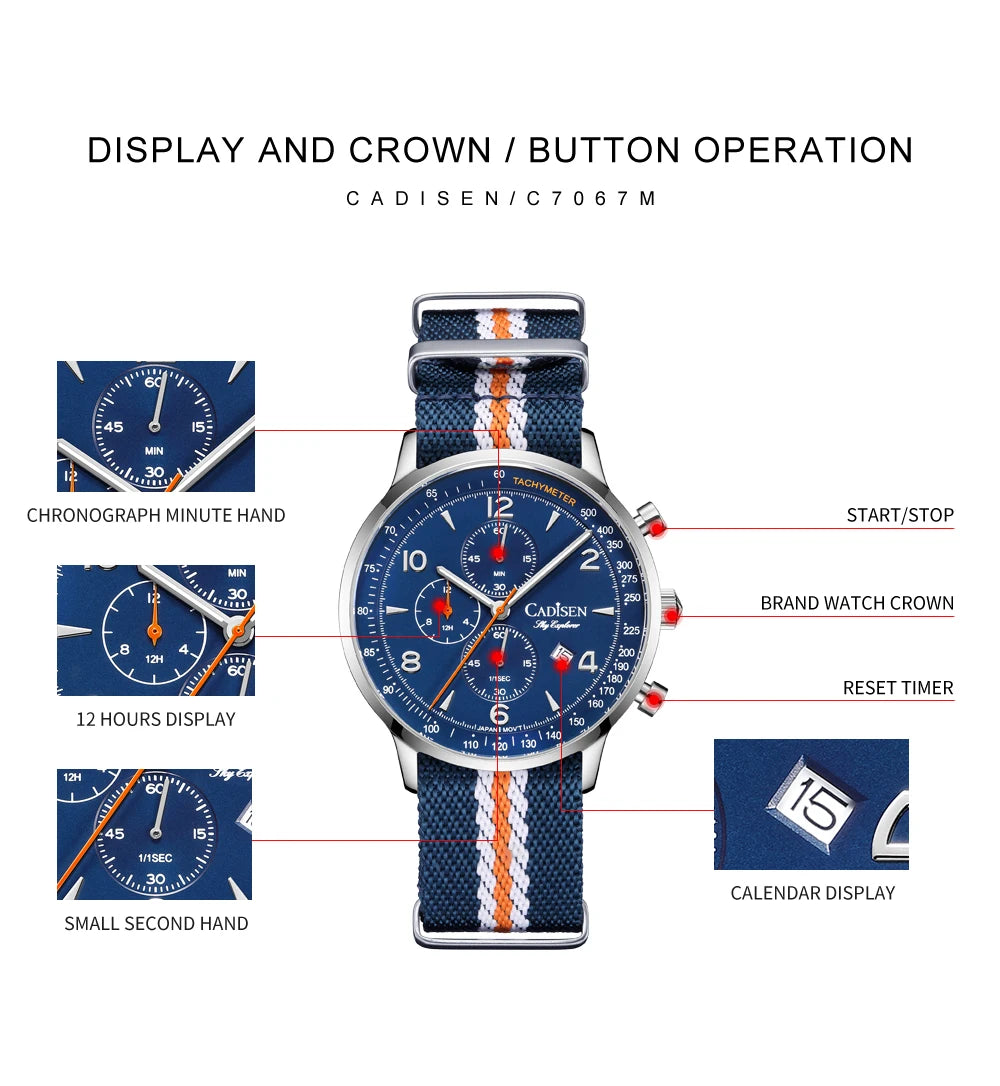 CADISEN Men's Watches Luxury Quartz Watch For Men Japan MIYOTA 0S10 Movt Canvas Strap Chronograph Waterproof Men's Wristwatch
