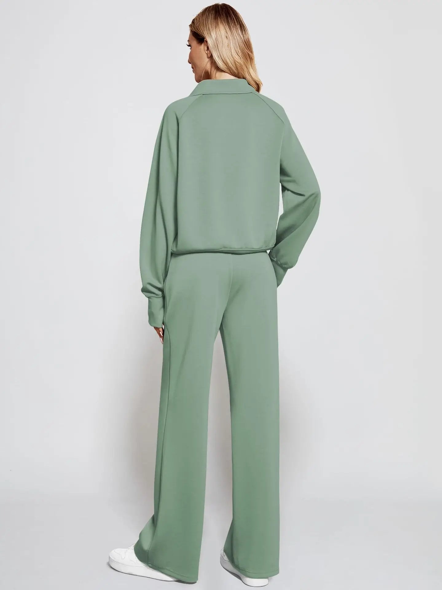 Woman Solid Color Half Zip Long Sleeve Sweatshirt and Wide Leg Pants Set Casual Sporty Two Piece Outfit