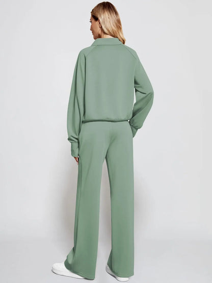 Woman Solid Color Half Zip Long Sleeve Sweatshirt and Wide Leg Pants Set Casual Sporty Two Piece Outfit