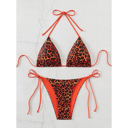 Sexy Leopard Print Two Piece Swimsuit Set Triangle Bra Suspender Halter Backless Bikini Set Beach Vacation Lace-up Swimwear 2025