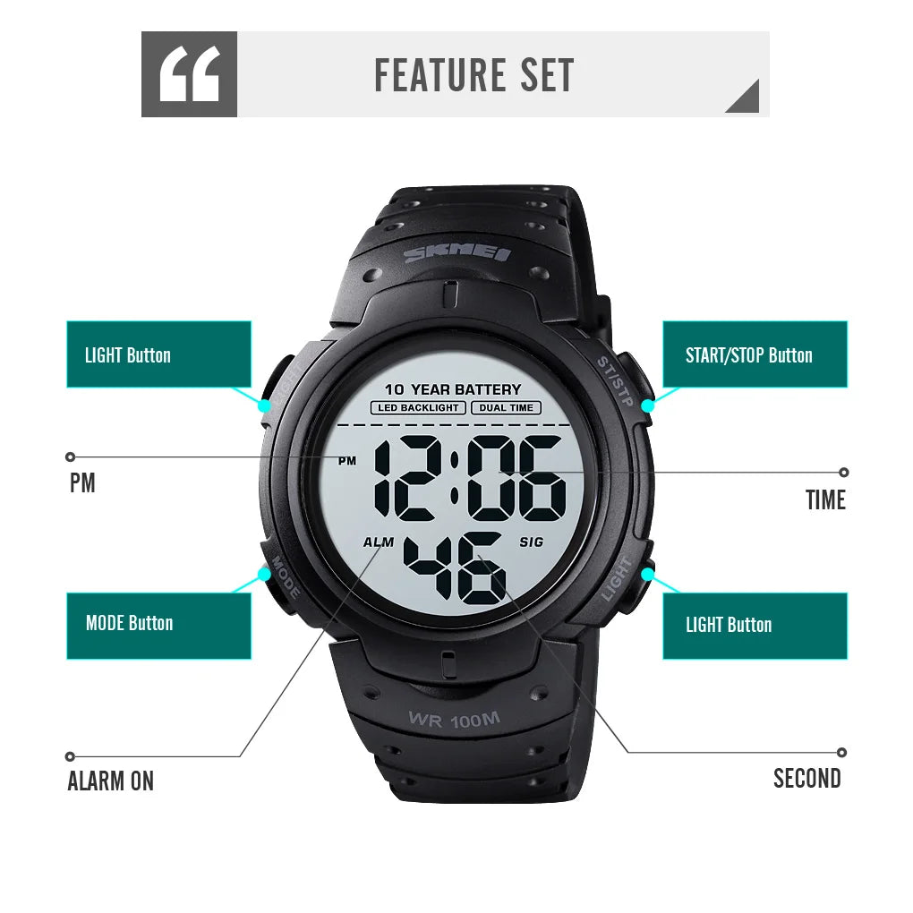 SKMEI 1560 Sport Electronics Watch for Men 100M Waterproof LED Display Digital Mens Wristwatches Stopwatch Military Reloj Hombre