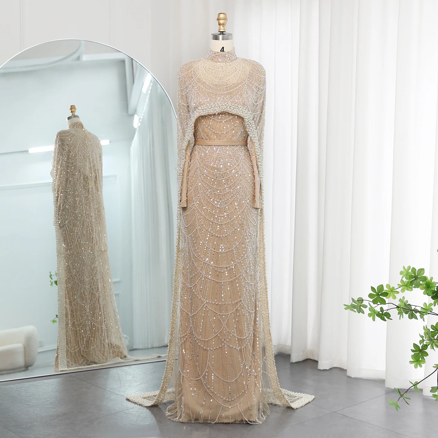 Sharon Said Luxury Pearls Dubai Champagne Evening Dresses with Cape New Arabic Women Mermaid Wedding Party Prom Dress SS369