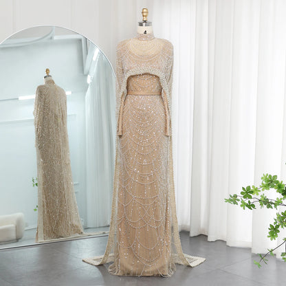 Sharon Said Luxury Pearls Dubai Champagne Evening Dresses with Cape New Arabic Women Mermaid Wedding Party Prom Dress SS369