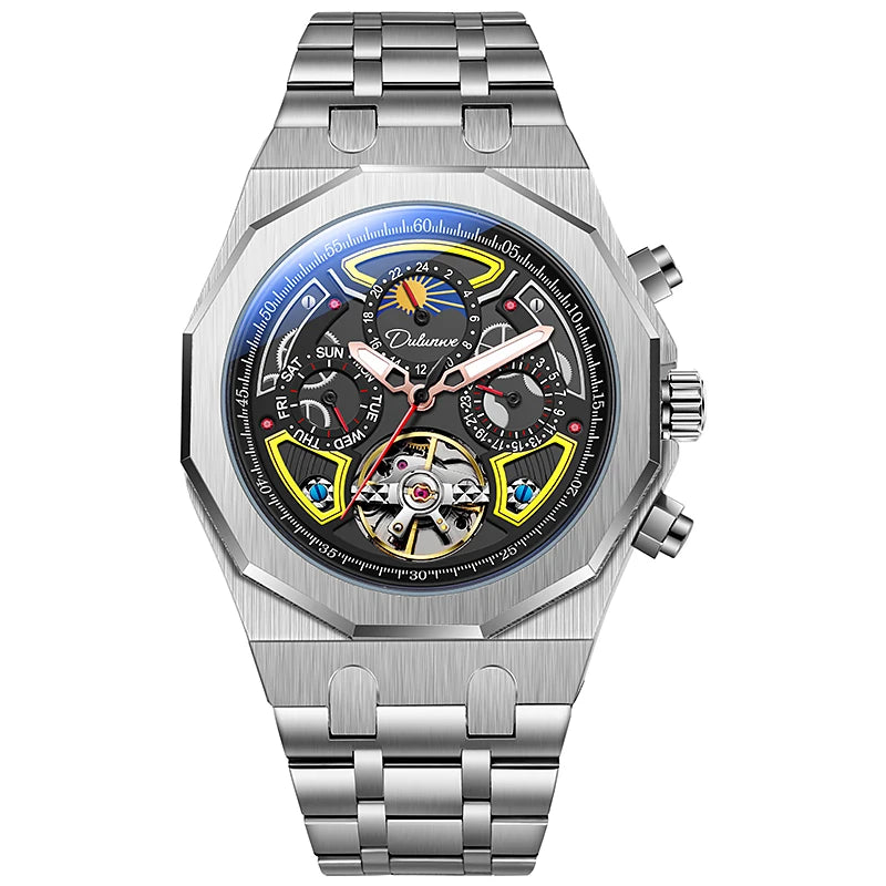 Luxury Tourbillon Watches Men Fashion Sport Rubber Strap Moon Phase Date Waterproof Automatic Mechanical Wrist Watch Man Reloj