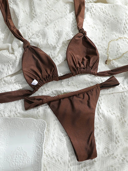 Tiedown Bikini for Women Triangle Swimwear Bathing Suit Brazilian 2-Piece Folds Bikinis Set solid Push Up Swimsuit New 2026