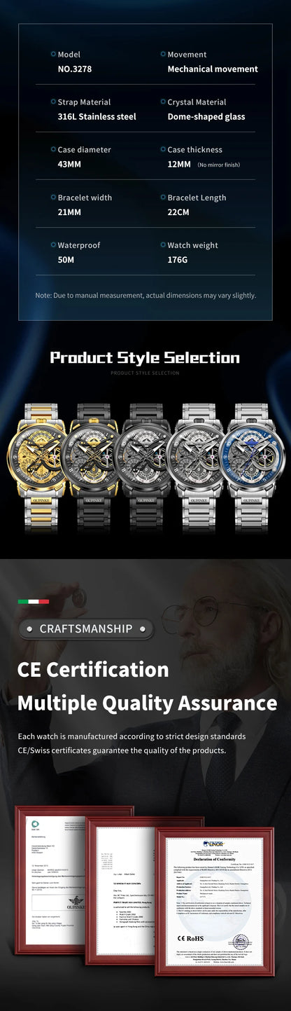 OUPINKE Black Steel Tourbillon Mens Wrist Watches Skeleton Automatic Mechanical Watch Fashion Wrist Watch Mens Sapphire