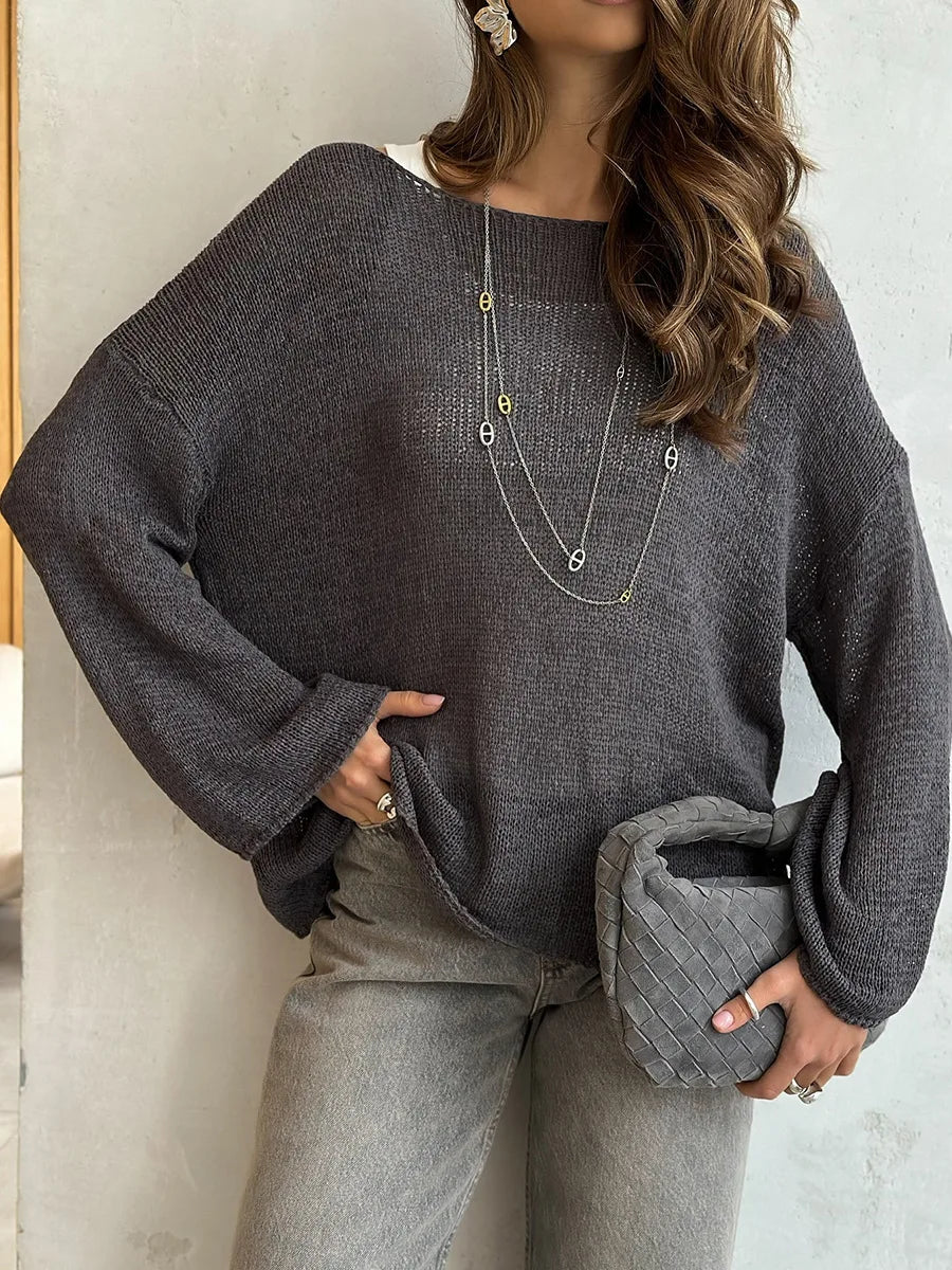 Bornladies Simple Solid Color Long Sleeved Sweater Women's Spring Knitted Hollow Top Loose Versatile Casual Sweater Pullovers
