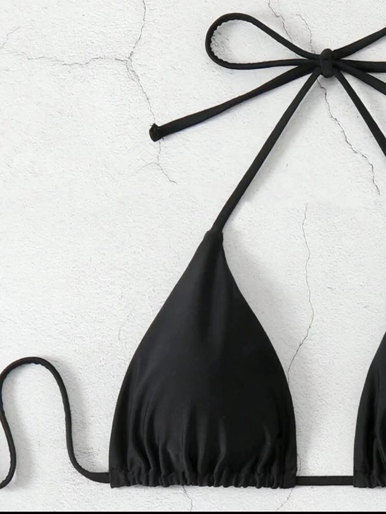 2025 New Bikini Set Women Sexy Simple Solid White/Black/Coffee Halter Bikini Swimsuit Lace Up Brazilian Beach Bathing Suit