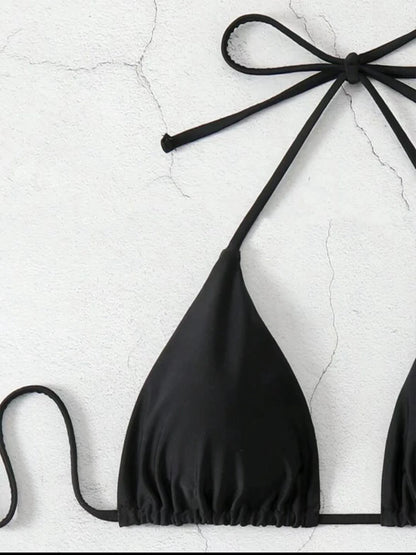2025 New Bikini Set Women Sexy Simple Solid White/Black/Coffee Halter Bikini Swimsuit Lace Up Brazilian Beach Bathing Suit
