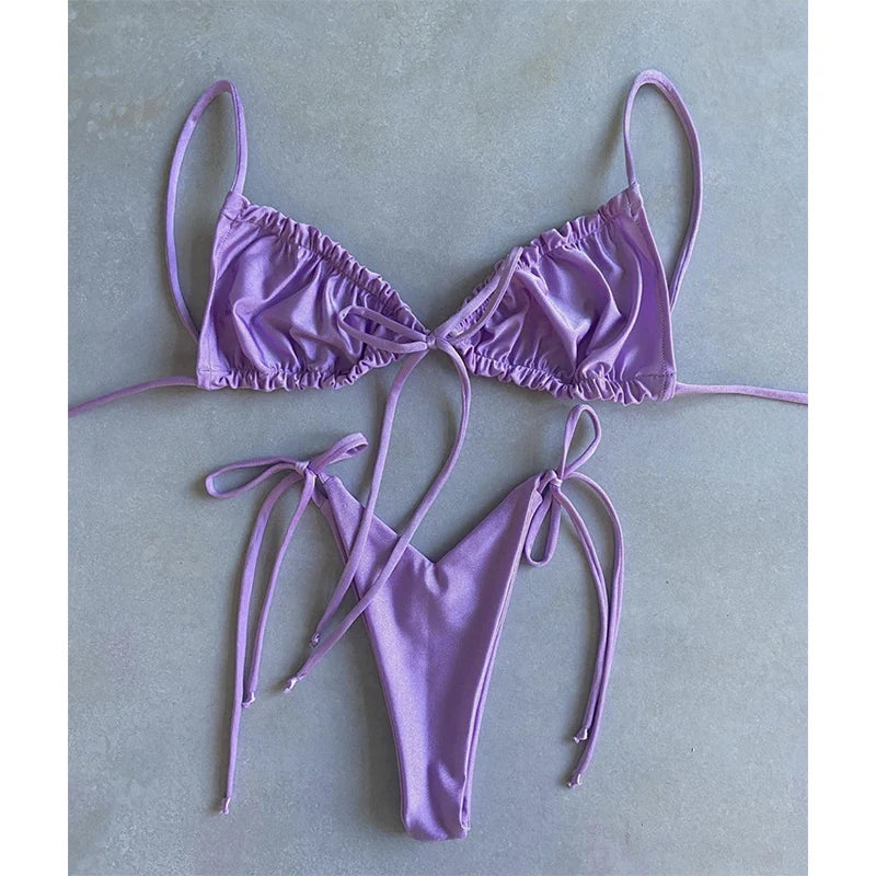 BIQIUYYI Brazilian Sexy Micro Mini Thong Bikini Set Summer Bandage Swimsuit Women Pleated Bathing Suit Beachwear Halter Biqiuni