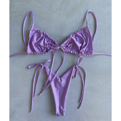 BIQIUYYI Brazilian Sexy Micro Mini Thong Bikini Set Summer Bandage Swimsuit Women Pleated Bathing Suit Beachwear Halter Biqiuni