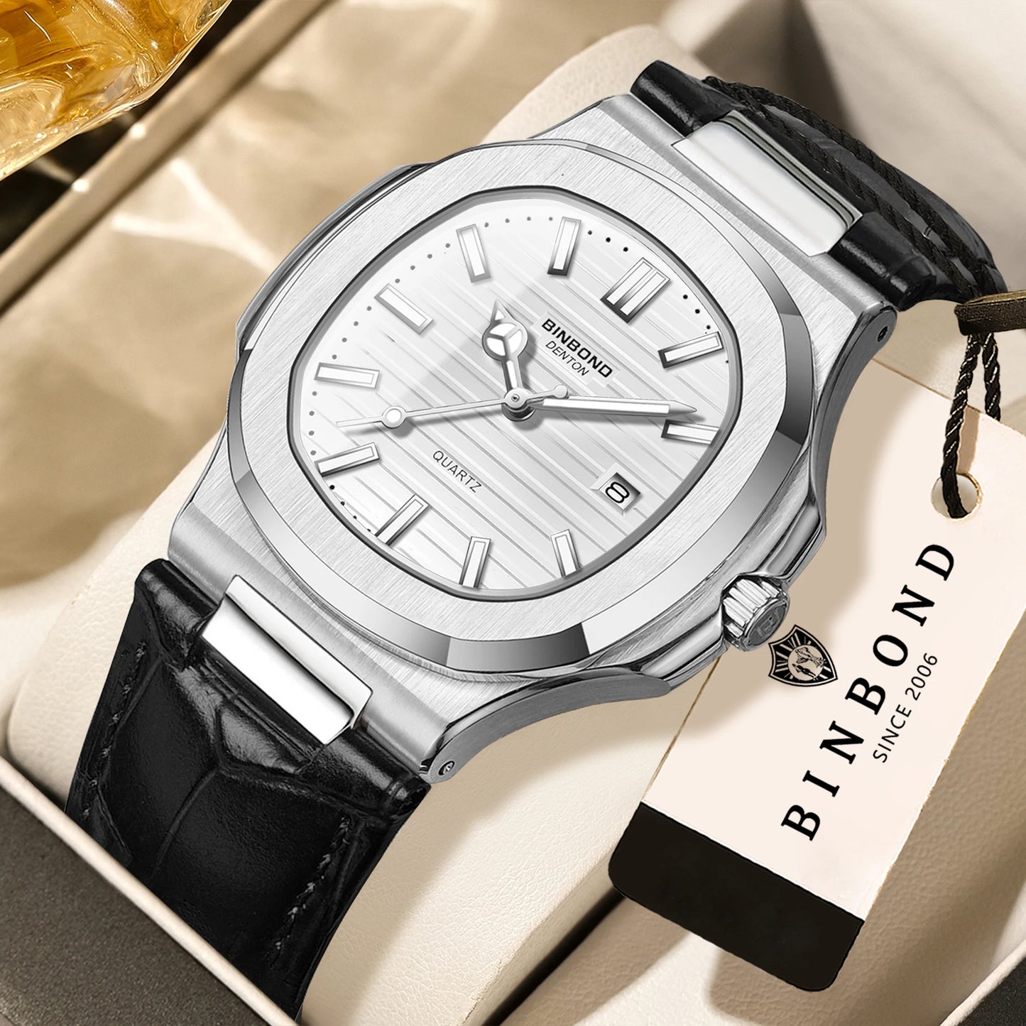 BINBOND precise quartz wristwatches for men luxury luminous waterproof auto date leather strap durabble men's watch casual reloj