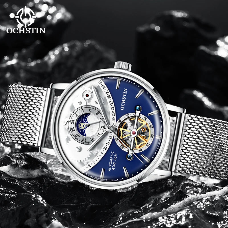 OCHSTIN Men's Stainless Steel Mesh Bracelet Watches Man High-Grade Cooktop Glass Skeleton Mechanical Flying Tourbillon Watch