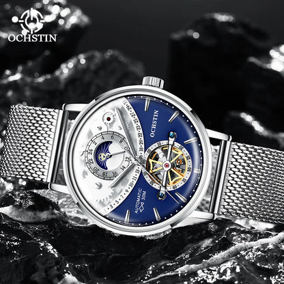 OCHSTIN Men's Stainless Steel Mesh Bracelet Watches Man High-Grade Cooktop Glass Skeleton Mechanical Flying Tourbillon Watch