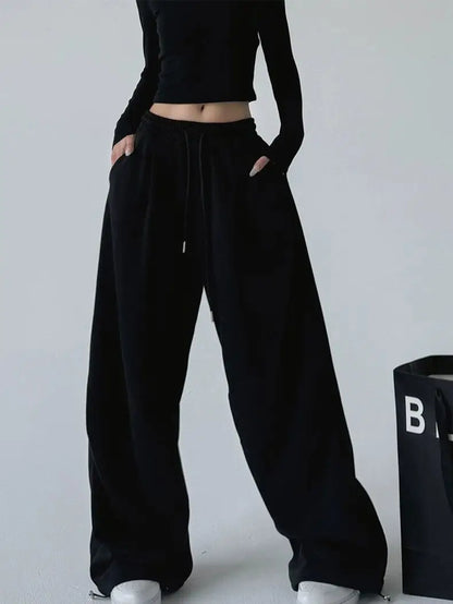2025 New Harajuku Wide Leg Sweatpants Women Streetwear Baggy Oversize Gray Sports Pants Woman Drawstring Casual Joggers Trousers