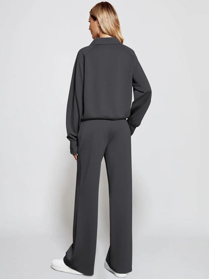 Woman Solid Color Half Zip Long Sleeve Sweatshirt and Wide Leg Pants Set Casual Sporty Two Piece Outfit