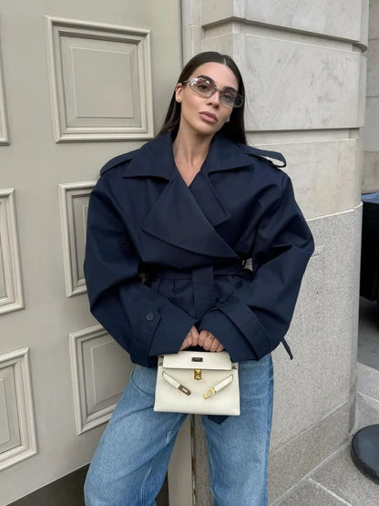 Solid Lapel Belted Windbreaker Chic Full Sleeve Button Loose Long Coat For Women 2025 New Office Lady Daily Commute Overcoats