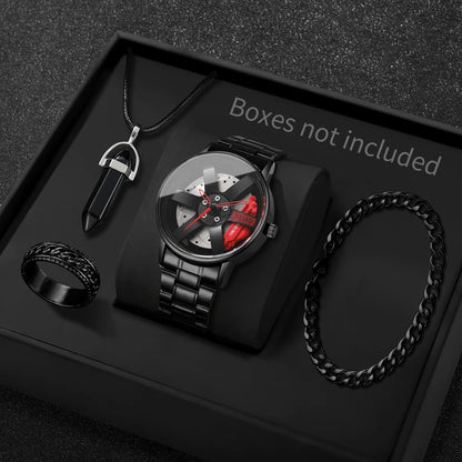 4PCS/Set Fashion 3d Car Wheel Dial Men Sports Watches Luxury Stainless Steel Quartz Watch Jewelry Set Reloj Hombre (Without Box)