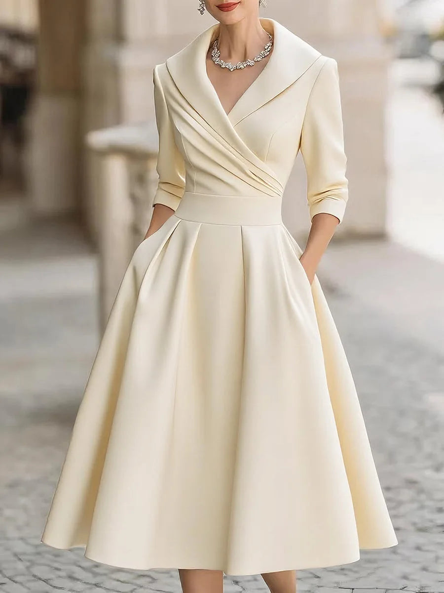 Office Lady Slim A-Line Dress Women 2025 Autumn Winter Fashion Long Sleeve Turn-down Collar Maxi Dresses Elegant Vestidos