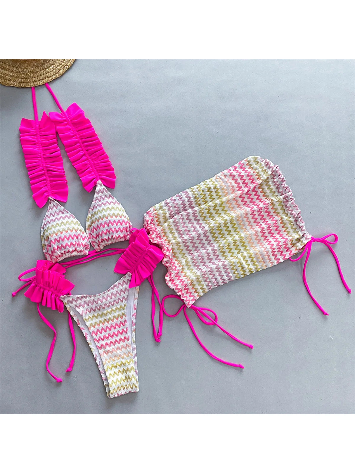 With Skirt Waved Ruffled Frilled Bikini Female Swimsuit Women Swimwear Three-pieces Bikini set Bather Bathing Suit Swim V5235